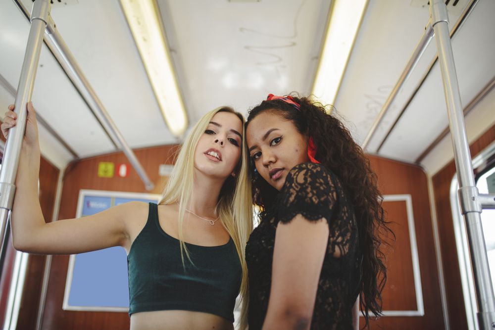 Cheerful friends in train car