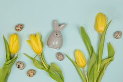 Fresh yellow flowers and easter eggs with green leaves