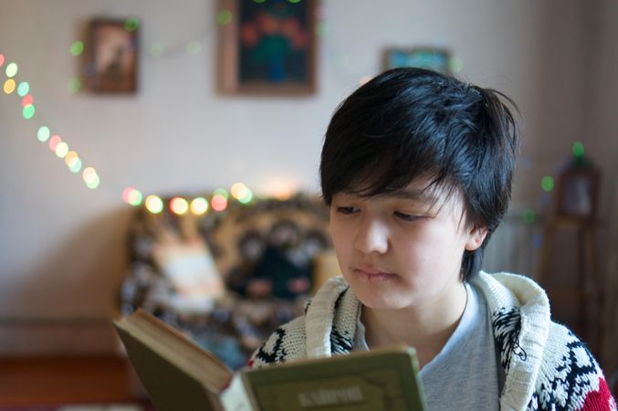 Boy reading a book at home
