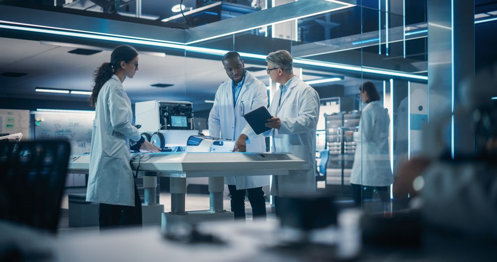 Engineers In Lab Coats Discussing an Automated Robotic Delivery Assistant with Artificial Intelligence