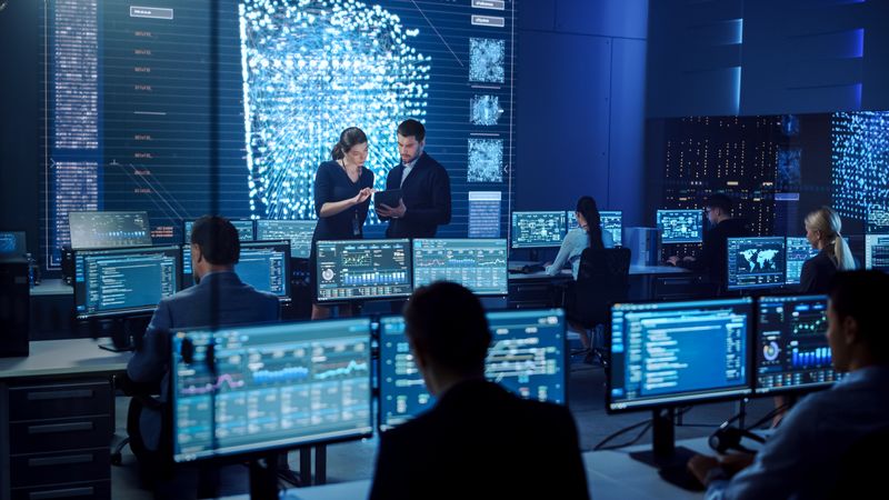 Multicultural Team Collaborates in a Futuristic Control Room, Analyzing Complex Data on Large Screens to Ensure Cybersecurity and Seamless Operations