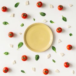 Basil, tomatoes, and cheese on light background with plate