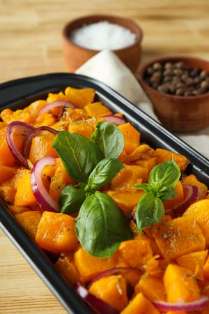 Concept of tasty homemade dish - baked pumpkin