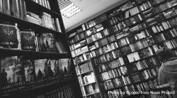 Grayscale photo of bookshelves in library 5nKMQ4