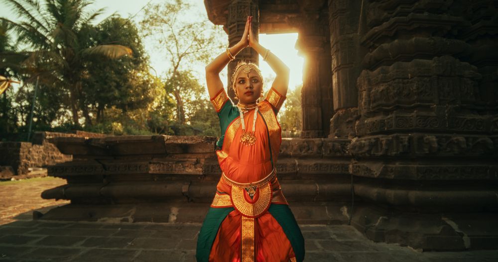 Dramatic Performance Done by an Indian Girl Practicing the Art of Bharatanatyam in an Ancient Temple.