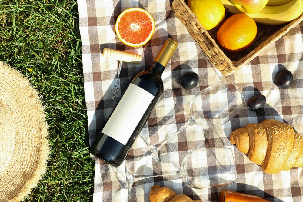 Composition with wine, croissants, fruits and towel on grass, top view