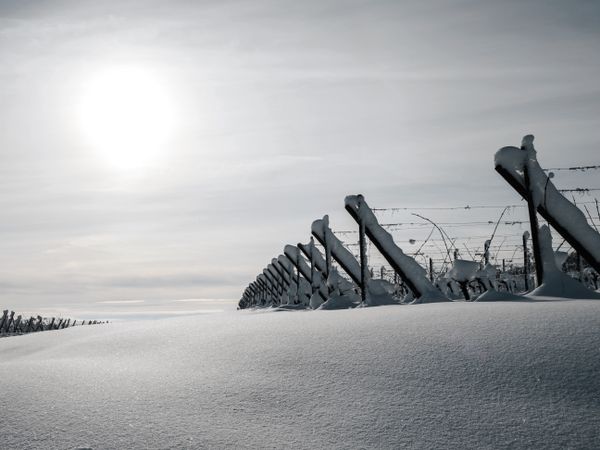 Alsace vineyards under heavy snow on a sunny winter day. Details and top view.