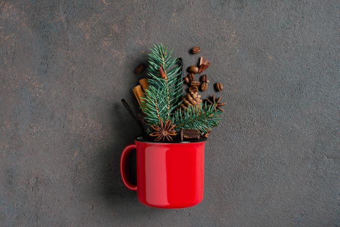Red ceramic mug with festive filling of pine, coffee beans and anise