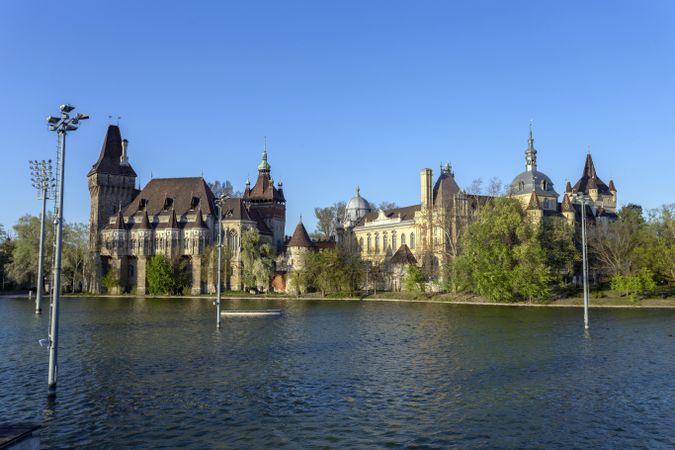 Castle seen from across water in City Park Budapest