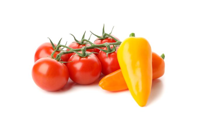 Branch of tomatoes and pepper isolated on plain background