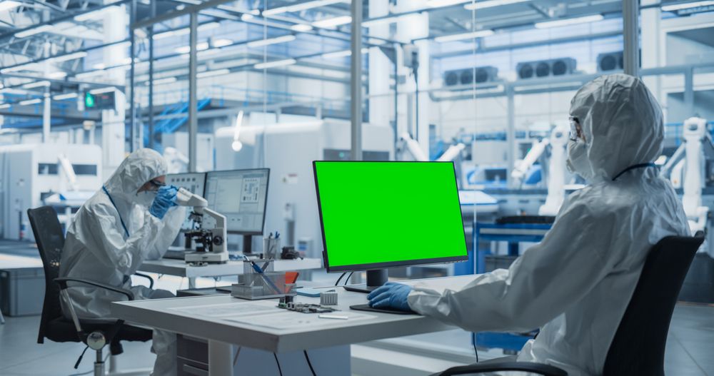 Two Laboratory Workers in Protective Coveralls Developing a Central Processing Unit. PCB Designer Working on a Computer With Green Screen Chromakey On Display, While Colleague is Using a Microscope