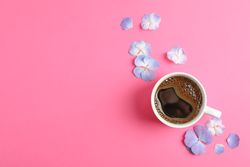 Cup of coffee with petals of flower on color background, space for text