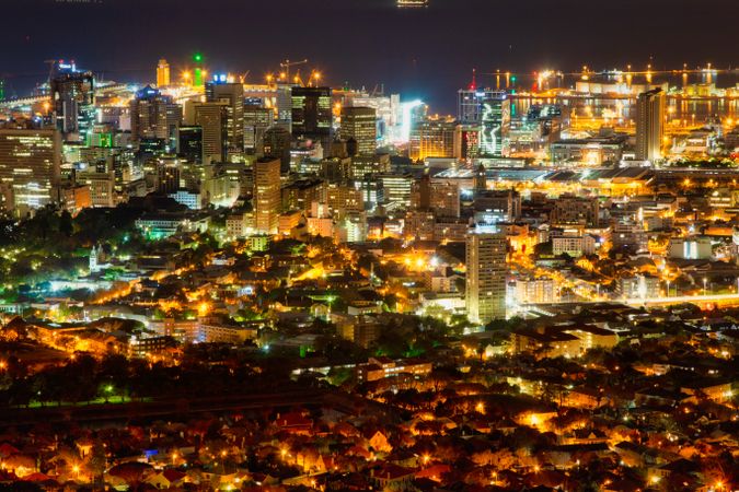 City with high rise buildings during night time in Cape Town, South Africa