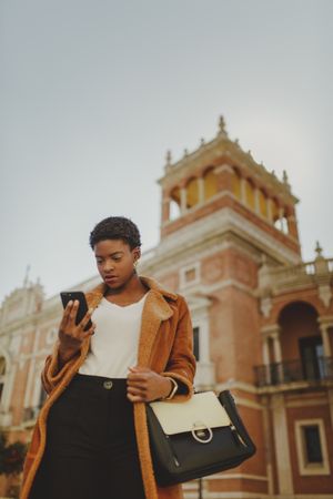 Stylish Black woman with handbag and smartphone on street