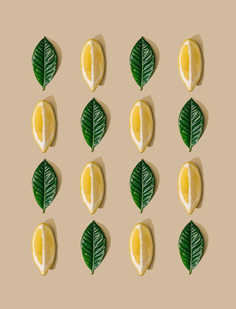 Pattern of green leaves and lemon slices on  pastel sand background