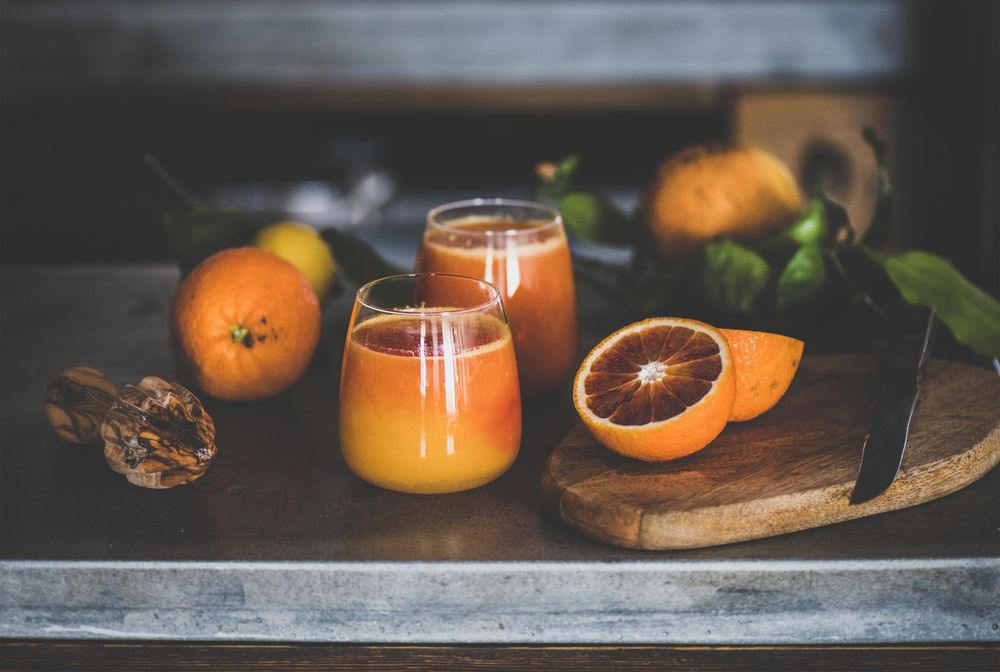 Two glasses of freshly squeezed blood orange juice