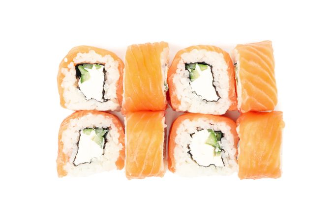 Japanese food. Delicious sushi rolls isolated on light background