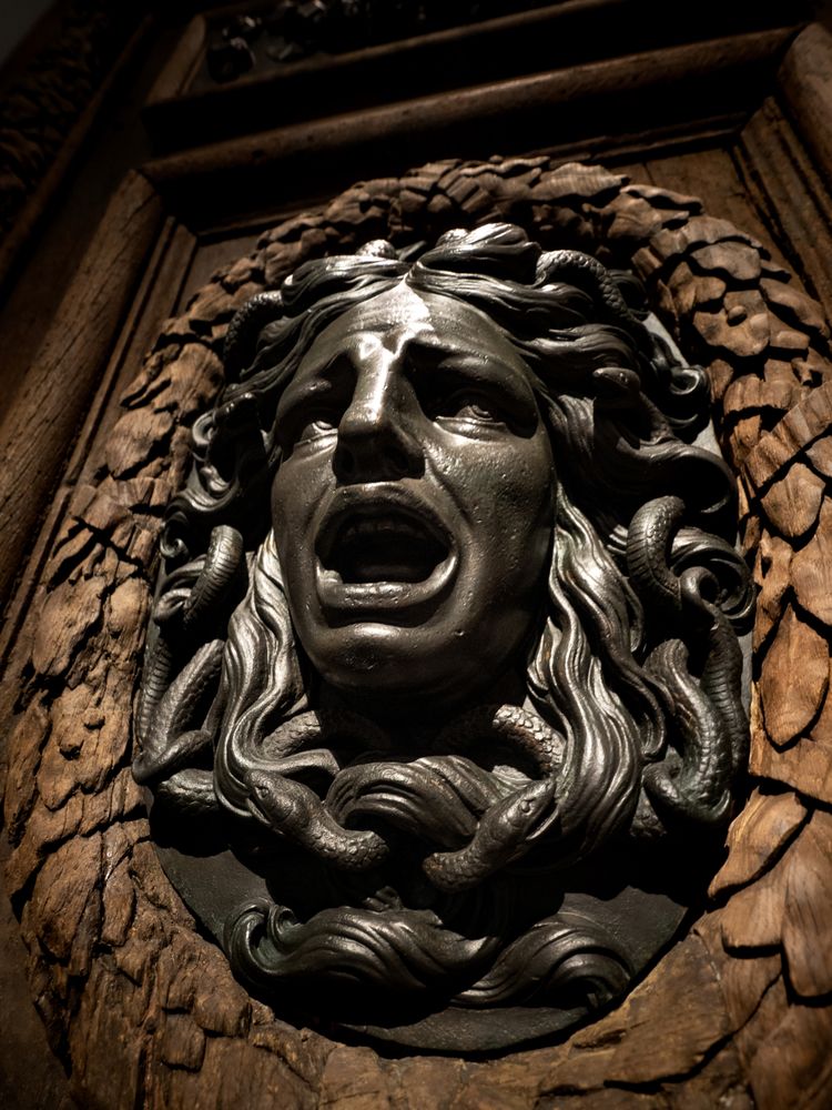 Bronze bas-relief. Medusa Gorgon. Decoration of an old wooden door.