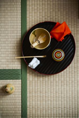 Top view of Japanese tea ceremony equipment
