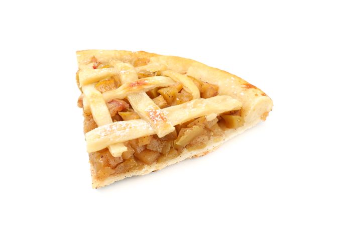 Piece of tasty apple pie isolated on neutral background. Homemade food