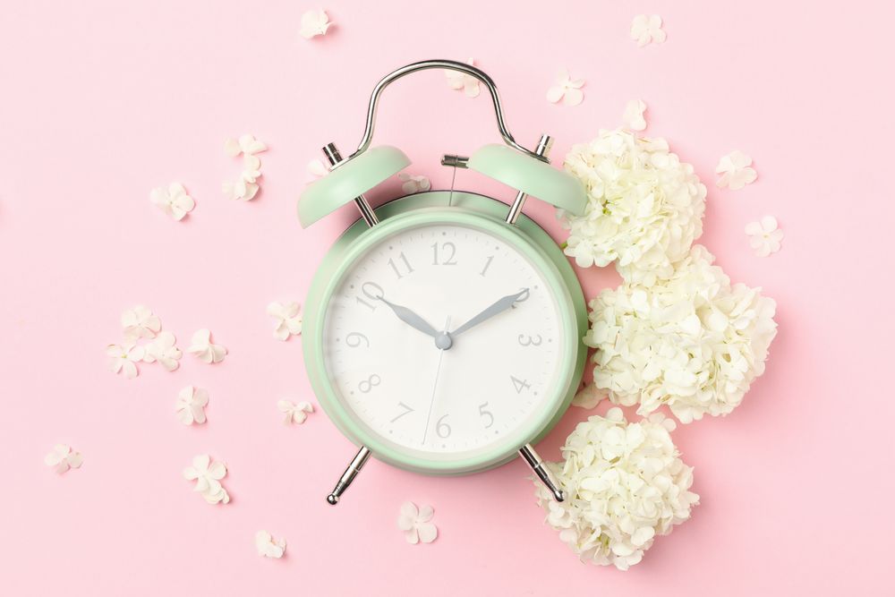 Alarm clock and beautiful hydrangea flowers on pink background