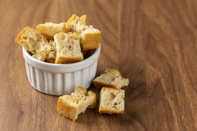 Delicious crunchy croutons on the table.