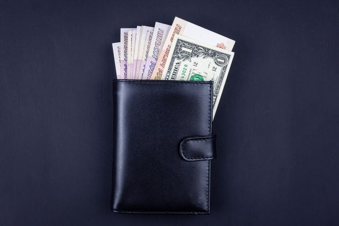 Different currencies in leather wallet