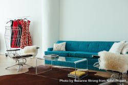 Living room with bright couch and lucite table in light-filled room 5rZl25
