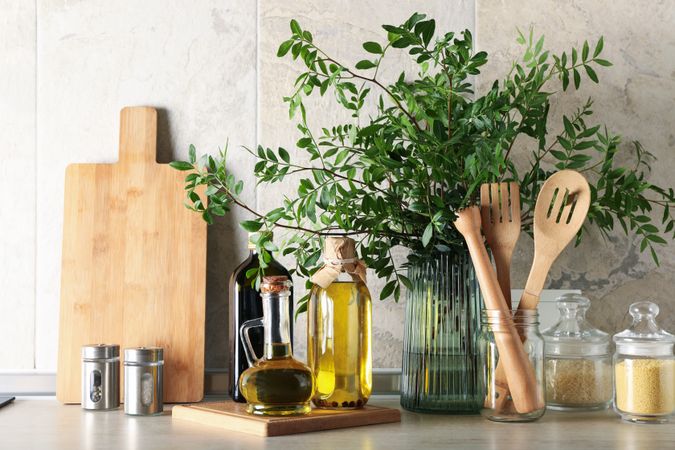 Kitchen table with different supplies and plant