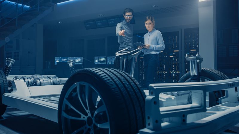 Automobile Mae and Female Design Engineers Working on Electric Car Platform Chassis Prototype, Using CAD Software for 3D Concept
