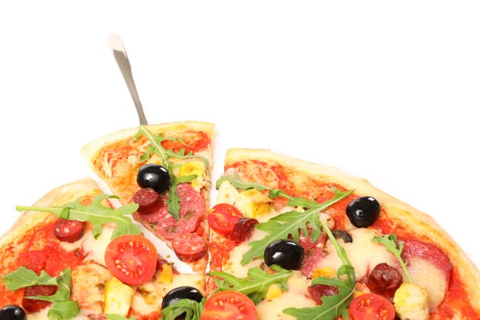 Pizza shovel and tasty pizza isolated on blank background