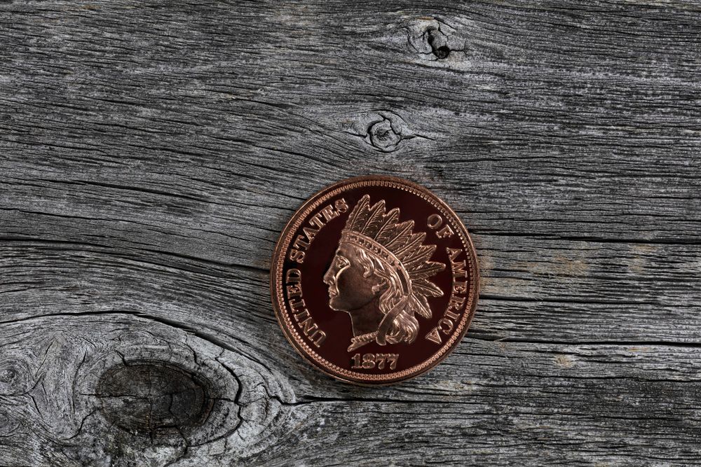 Single US one cent coin on rustic wood for numismatic investment collecting