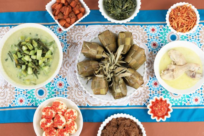 Top View Menu Ketupat Lebaran with Various Side Dish