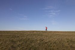 Man pointing at sky from field