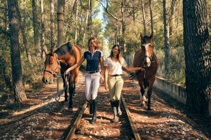 Cheerful equestrians leading hoses together in forest