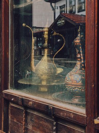 Ornate tea pot in shop window
