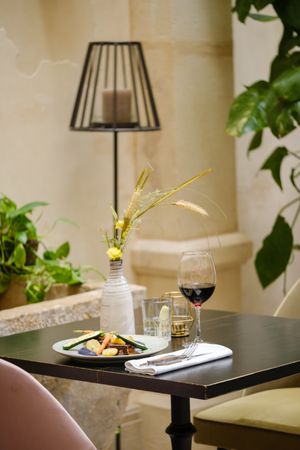 Delicious dish in restaurant with red wine