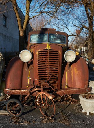 Old tricycle and older car, Benton Harbor, Michigan