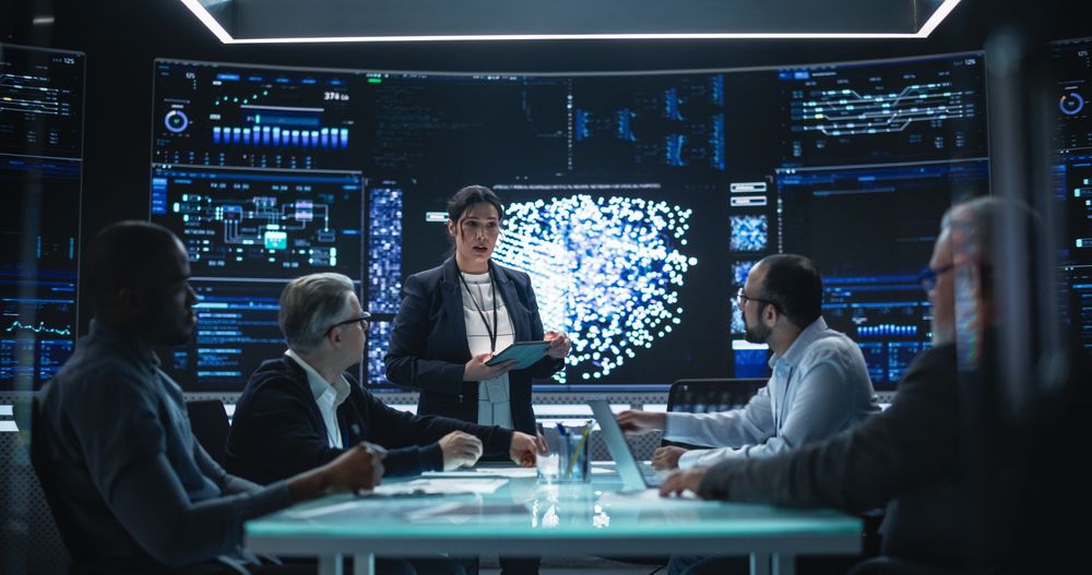 Team of Software Development Engineers Having a Meeting in an Artificial Intelligence Research Center.