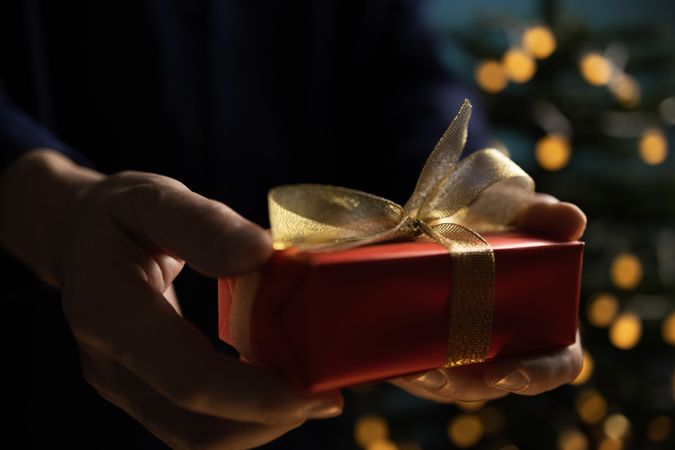 Man holding Christmas gift near tree