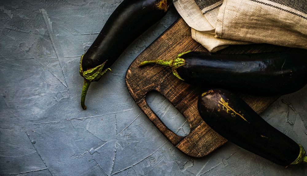 Eggplants on kitchen counter