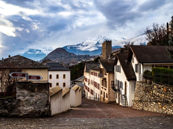 Old medieval city Sion in Switzerland, street view, winter