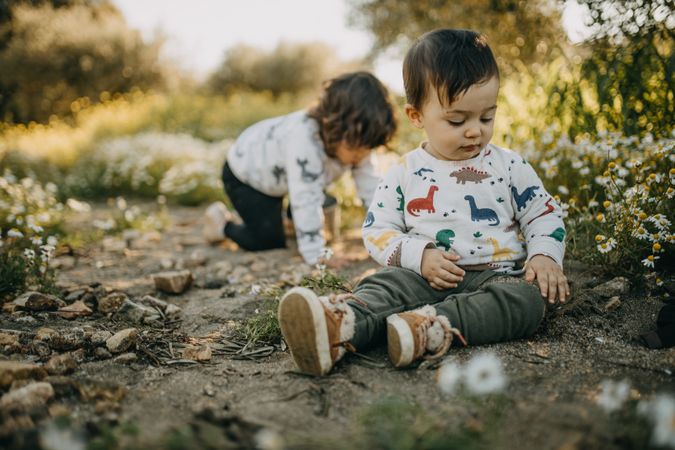 A brother and sister playing in a field of flowers