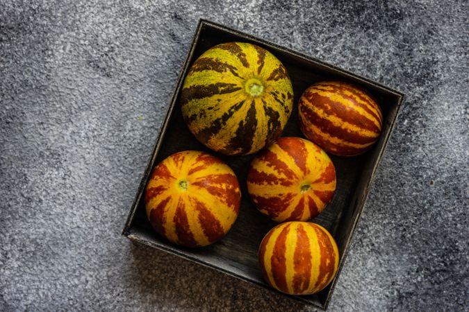 Box of organic mini melons on counter with copy space