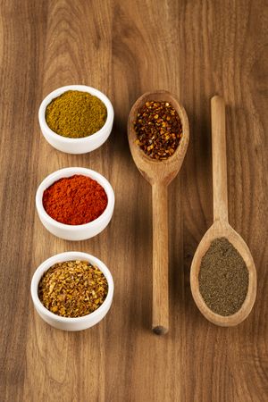 Variety of spices and seasonings on the table.