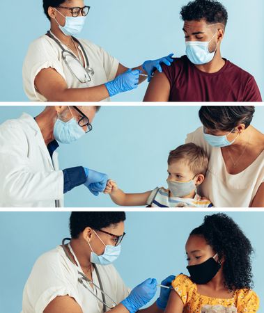 Vertically assorted image of frontline workers giving vaccine to people
