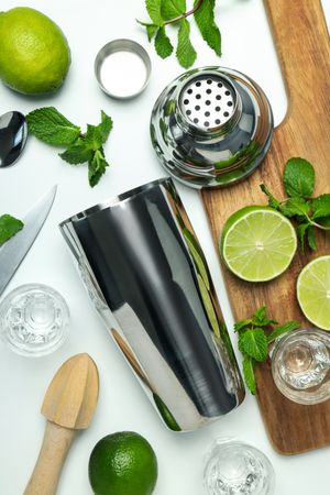 Concept of preparing cocktail, shaker, top view