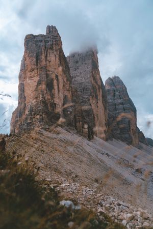 Tre cime di Lavaredo in Dolomites during cloudy weather