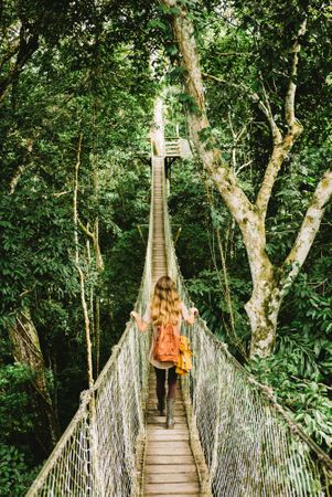 Back of woman walking on suspension bridge in forest, vertical