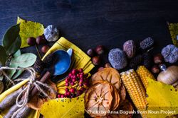 Seasonal autumn flatlay with nuts, berries, vegetable and fruits on dark wooden background with copy space 0g3yM0